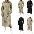 thumbnail image 1 of Feancey Women's Ribbed Knit Dress Casual Long Sleeve Lapel Collar Sweater Dresses Fashion Side Split Midi Dresses Fall Outfits Khaki XL, 1 of 9