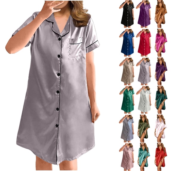 Feancey Women's Satin Nightshirt 2026 Casual Button Down Lapel Sleep Shirt Short Sleeve Loose Silk Nightgowns Comfy Sofy Fall Loungewear,Silver,XL