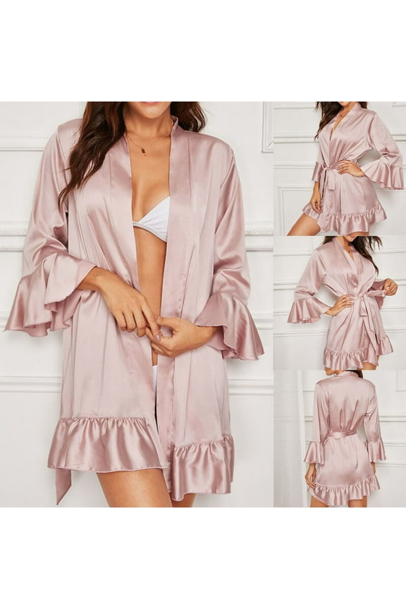 Women's Satin Robe Valentines Lingerie for Women Flare 3/4 Sleeve Kimono Bathrobe Short Ruffle Belted Robes Bridesmaids Sleepwear Pink 2XL