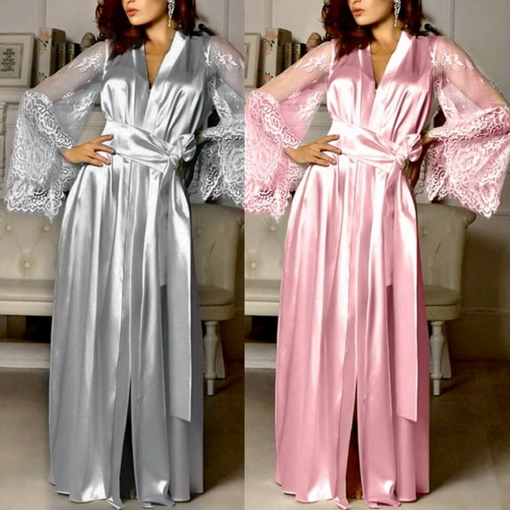 Feancey Women's Satin Robes Lace Patchwork Long Sleeve Kimono Robe Bridesmaid Soft Silk Wedding Party Nightgonws Ladies Belted Sleepwear Pink M