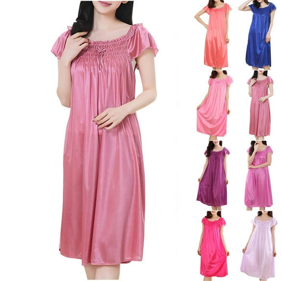 Feancey Women's Satin Silk Pleated Nightgown Loose Fit Casual Sleepwear Solid Color Short Sleeve Nightshirt Ruched Square Neck Sleep Dress Funny Gifts Pink Free Size