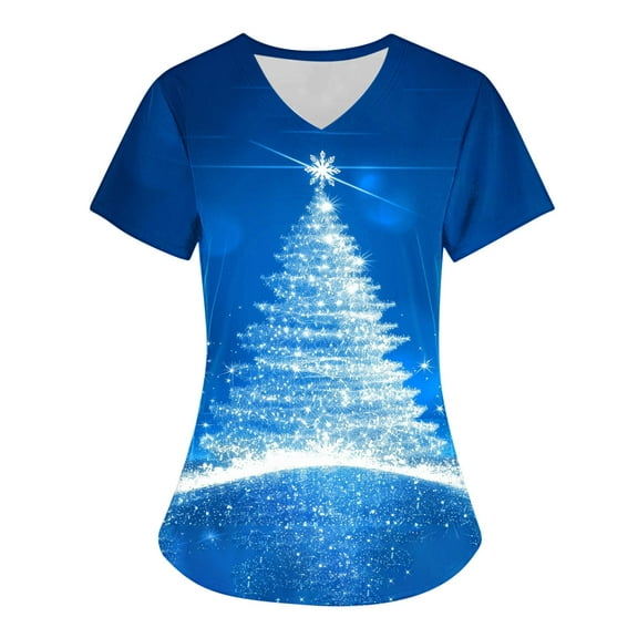 Feancey Women's Scrubs Tops Printed Christmas Tree Graphic Nurse Uniforms Tunic Blouse Xmas Casual Short Sleeve V-neck Scrub Shirts with Pockets Deal of The Day Clearance Multicolor#1 L
