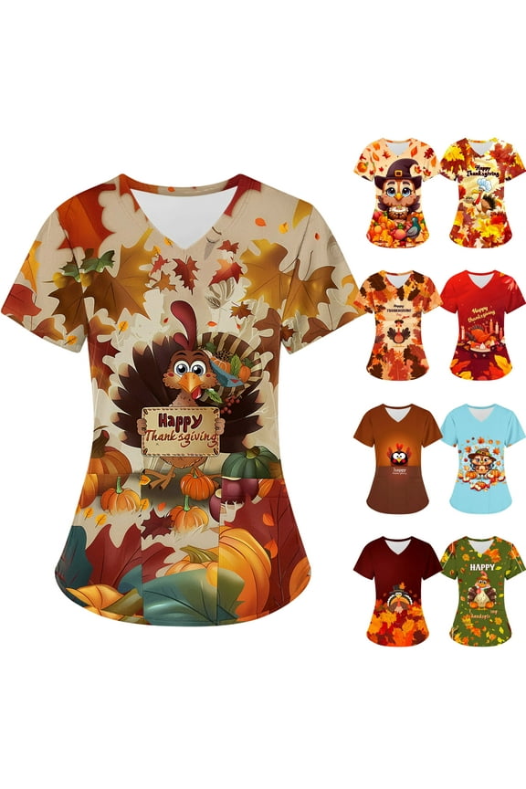 Women's Scrubs Tops Thanksgiving Turkey Print Nursing Scrubs Nurse Short Sleeve V Neck Funny Tees Holiday Casual Working T-Shirts with Pockets Multicolor M