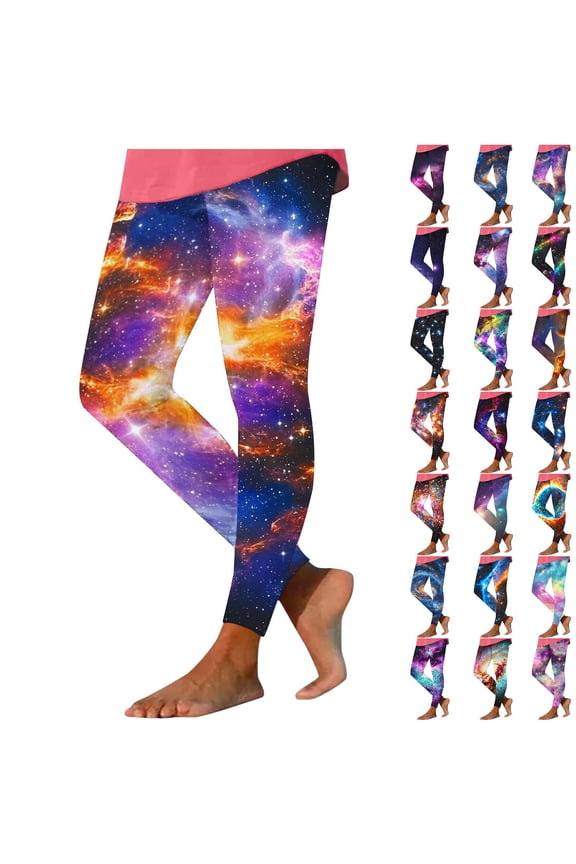 Women's Seamless Workout Leggings High Waisted Stretchy Yoga Pants Fashion Celestial Sky Galaxy Print Tights Milk Silk Soft Gym Running Leggings Purple S