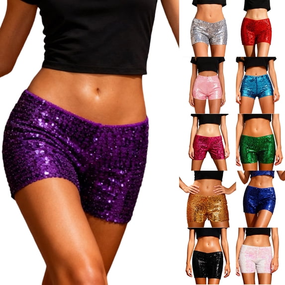 Feancey Women's Sequin Shorts Elastic Low Rise Party Shorts Solid Color Straight Leg Glitter Short Fashion Disco Night Club Short Pants Pink S