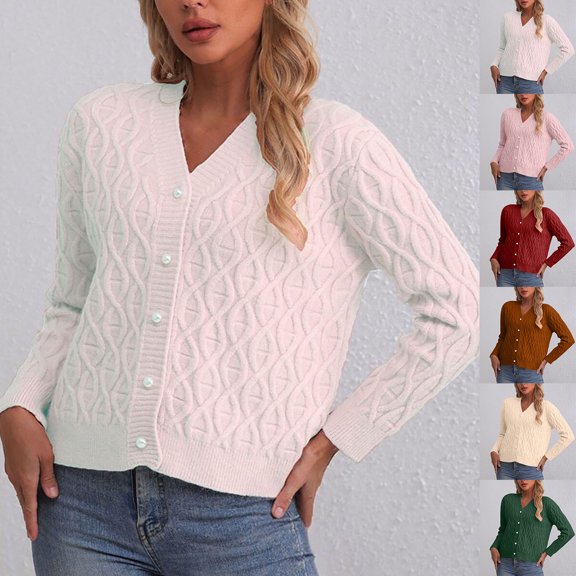 Feancey Women's Short Cardigan Sweaters Pearl Button Down Long Sleeve Sweater Jackets Cable Knit Casual V-Neck Cardigans Green XL