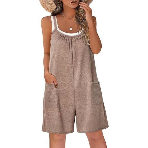 Feancey Women's Short Jumpsuits Dressy Casual One Piece Vacation Rompers Summer Ruched Sleeveless Jumpsuit Shorts with Pockets Khaki M