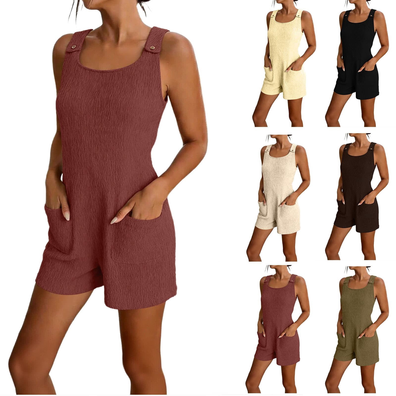 Feancey Women's Short Overalls Summer Sleeveless Loose Romper Shorts Lightweight Casual One Piece Jumpsuits with Pockets for Beach Vacation Brown S