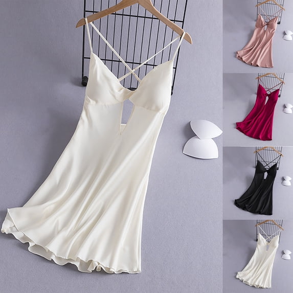 Feancey Women's Silky Satin Nightgown Spaghetti Strap V Neck Lingerie Dress Cut Out Casual Criss Cross Back Sleepdress Soft Cozy Nightwear Beige L
