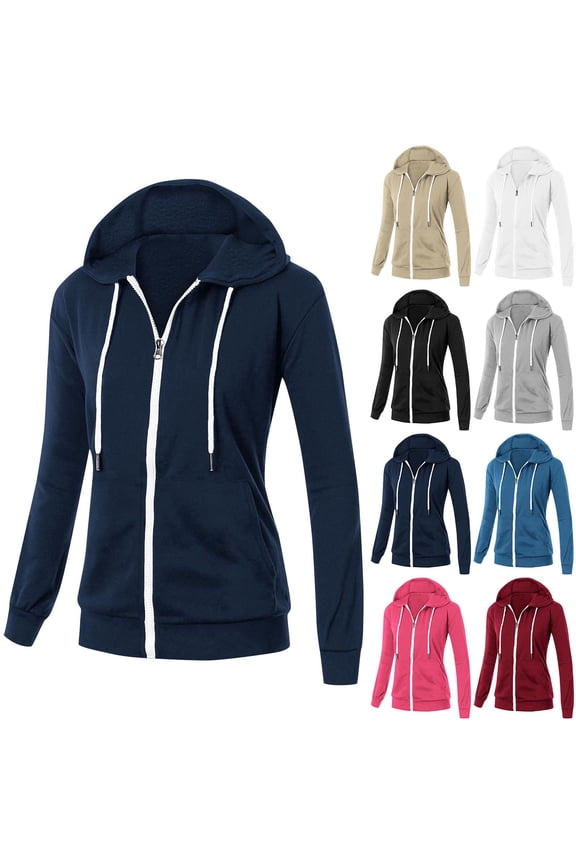 Women's Slim Fit Zip Up Hoodie Lightweight Hooded Long Sleeve Fall Jackets Kangaroo Pocket Basic Casual Sweatshirt Jacket 2025 Fashion Clothes Back to School Prime Sales Black L