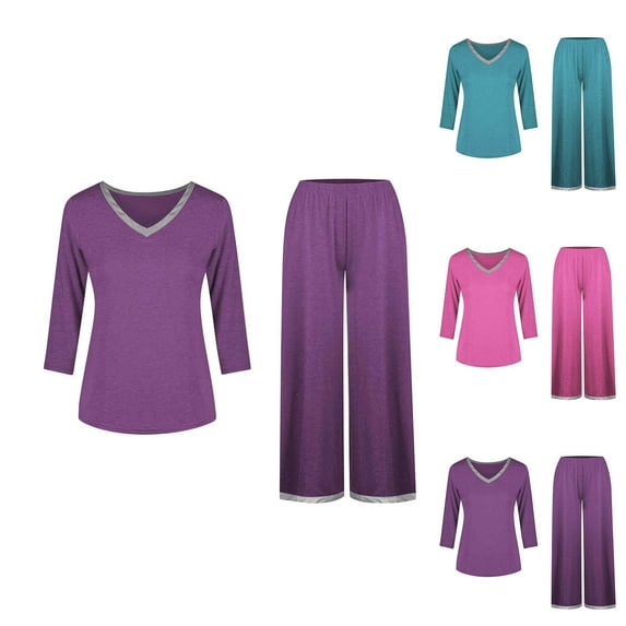 Feancey Women's Soft Pajama Sets Solid Color Casual 2 Piece Loungewear Set Loose V-neck Sleepwear with Lounge Long Pant Pjs Two Piece Purple M