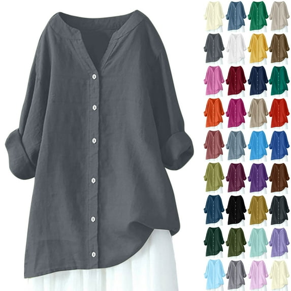 Feancey Women's Solid Color Button Down Shirts Henley V Neck Linen Shirt for Women Long Sleeve Summer Beach Tops 2025 Vacation Outfits Khaki XL