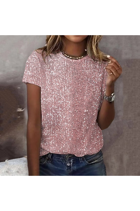 Women's Sparkly Sequin Tops Short Sleeve Glitter T Shirts Dressy Trendy Party Blouses Crew Neck Night Club Shirt Concert Disco Shirts Pink S