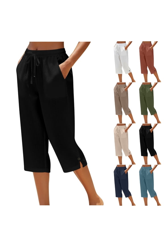 Women's Straight Leg Capris Button Side Split Lounge Capri Pants Loose Fit Drawstring High Waist Beach Cropped Pants Solid Slacks with Pockets Khaki L