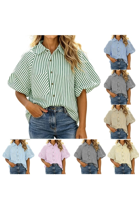 Women's Striped Button Down Shirt Balloon Sleeve Collared Shirts Boyfriend Style Lightweight Casual Shirt 2026 Fashion Summer Tops Green XL