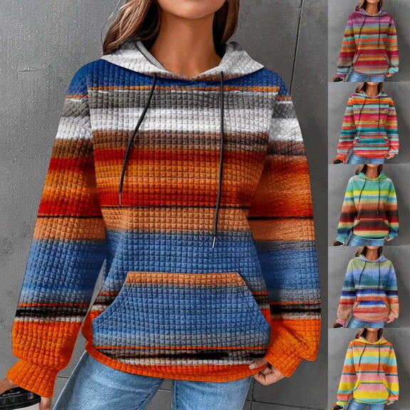 Feancey Women's Striped Oversized Hoodies Rainbow Waffle Knit Drawstring Pullover Sweatshirts Color Block Hooded Sweatshirt Green M