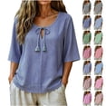 thumbnail image 1 of Feancey Women's Striped Tops Tassel Tie Front Half Sleeve Summer Blouse Casual Loose Fit Crew Neck Shirts Breathable Lightweight Beach Vacation Tshirt Pink L, 1 of 7