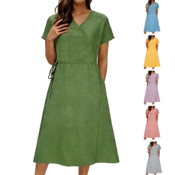 Feancey Women's Summer Dresses Casual V Neck Short Sleeve Linen Dress Drawstring High Waisted Midi Dresses Flowy Beach A-Line Dress Green M