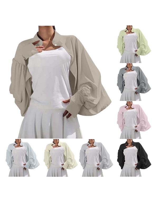 Women's Sun Protection Cardigans Button Stand Collar Puff Sleeve Cropped Cardigan Jacket Lightweight Breathable Cover Up for Beach Travel & Daily Pink Free Size