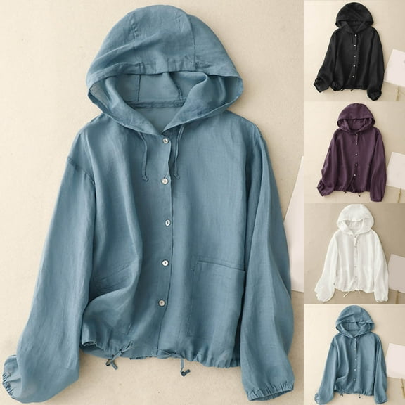 Feancey Women's Sun Protection Hoodie Shirt Solid Color Cotton Linen Long Sleeve Beach Blouse Button Down Casual Swimsuit Cover Up Tops Purple XL