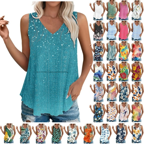 Feancey Women's Tank Tops 2025 Eyelet Casual Sleeveless Vacation Tanks Summer V Neck Boho Blouse Flowy Loose Beach Shirts 2025 Fashion Gift Ideas Multicolor 3XL