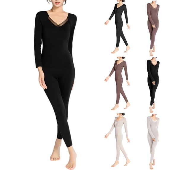 Feancey Women's Thermal Underwear Set Mesh V Neck Base Layer Top Long Johns Winter Warm Pajama Sets with Built In Bra for Cold Weather Black XL
