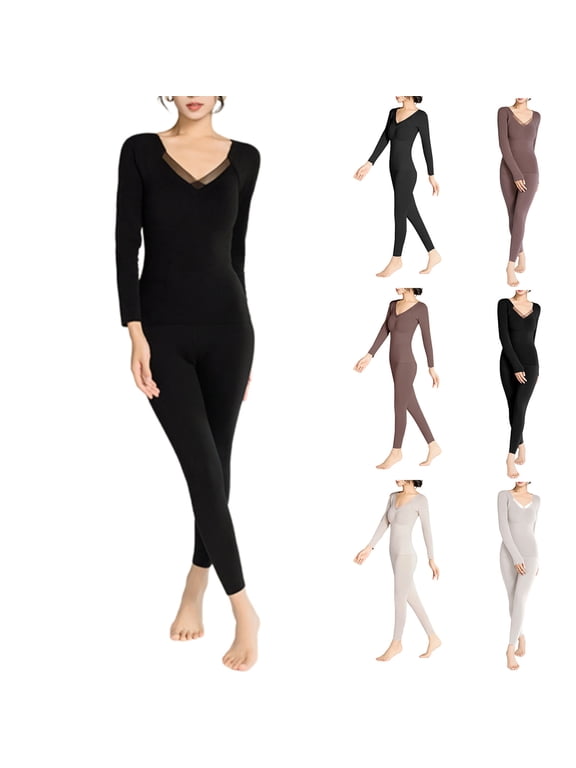 Women's Thermal Underwear Set Mesh V Neck Base Layer Top Long Johns Winter Warm Pajama Sets with Built In Bra for Cold Weather Coffee XXL