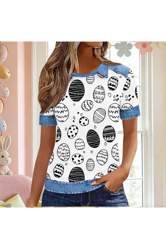 Women's Trendy Tops Cute Easter Day Short Sleeve Tshirts Fancy Bunny Eggs Printed Crew Neck Blouse Comfy Daily Wear Tees Black L