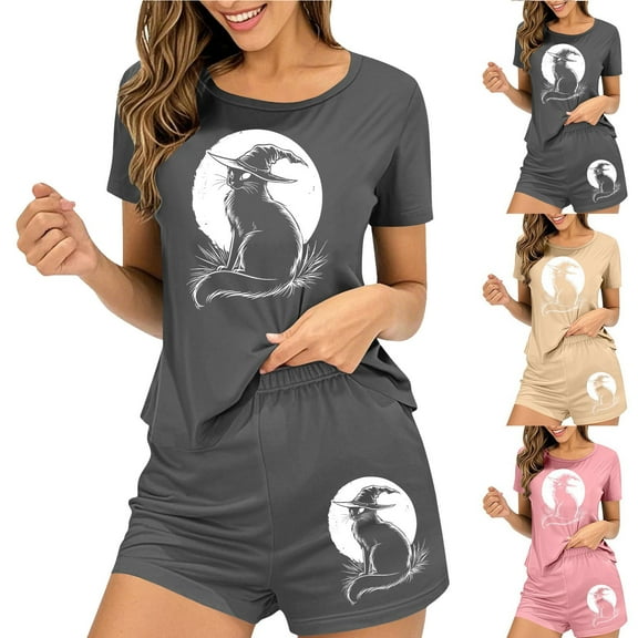 Feancey Women's Two Piece Pajamas Set Halloween Black Cat Print Sleepwear with Shorts Loungewear Sets Milk Silk Soft Pjs Short Set Birthdal Gifts Pink L