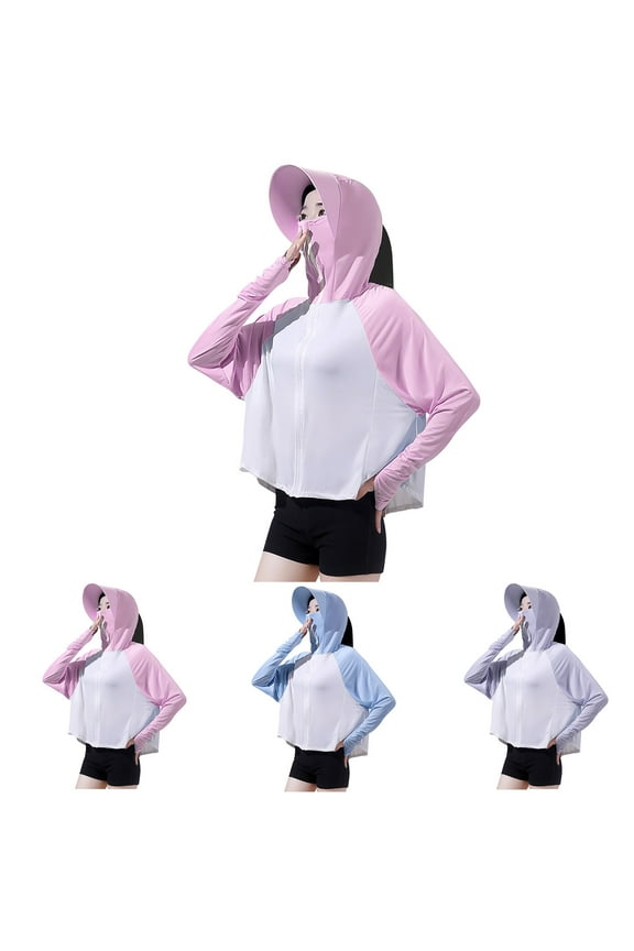 Feancey Women's UPF 50+ Sun Protection Jacket Cooling Hooded Sun Shirt UV Sun Protection Hoodie Jacket with Face Cover Gray Free Size