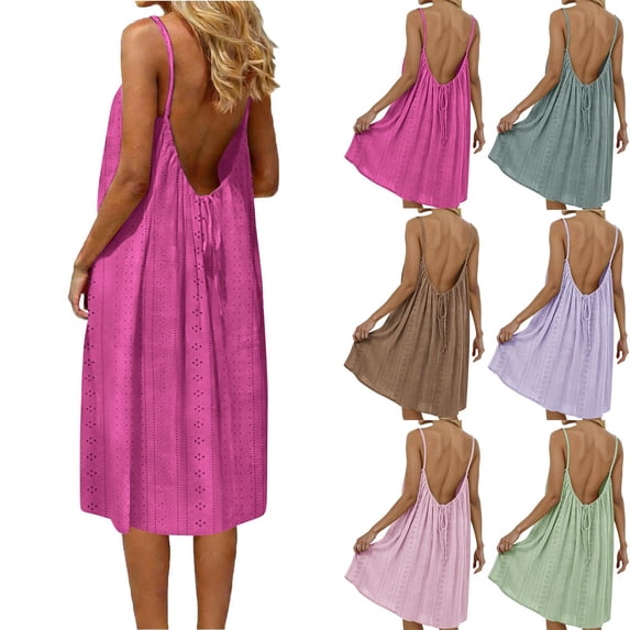 Feancey Women's Vacation Dresses Spaghetti Strap Backless Sundress Summer Sleeveless Eyelet Dresses Loose Fit Casual Beach Sundress with Back Tie Army Green M
