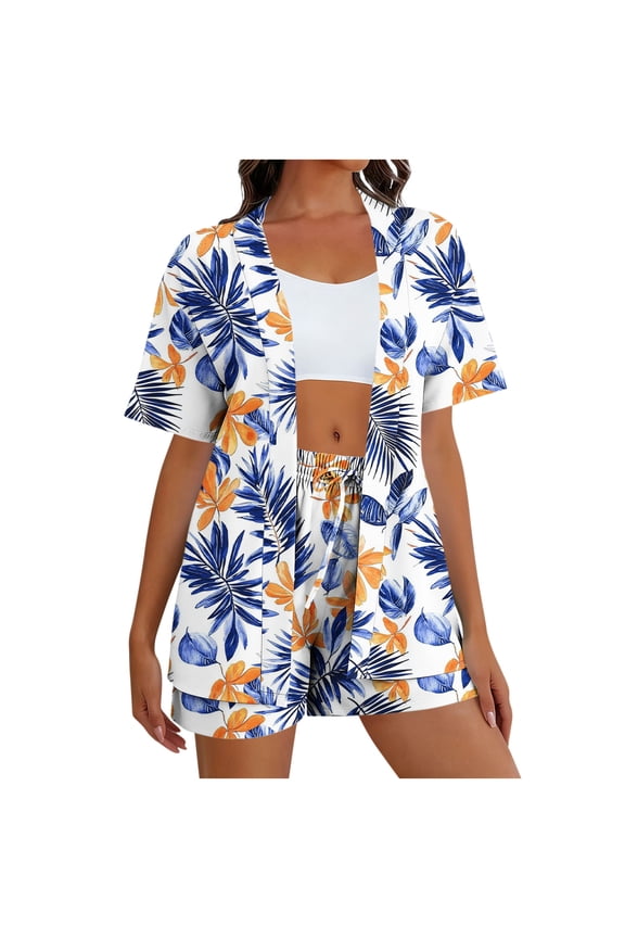 Women's Vacation Outfit Sets Summer Floral Printed Beach Cover Ups Sets Lightweight Short Sleeve Kimono Top & Shorts Lounge Travel Set Navy L