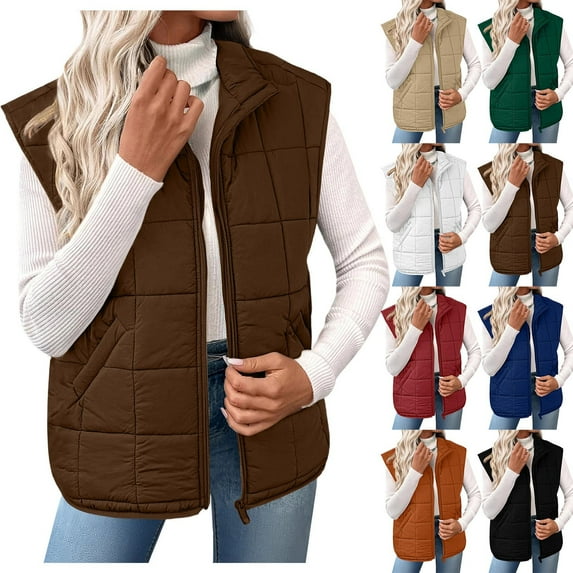 Feancey Women's Down Vest Lightweight Sleeveless Puffer Jackets Fall Winter Thick Warm Quilted Vest Solid Color Casual Zipper Outerwear with Pockets Blue XXL