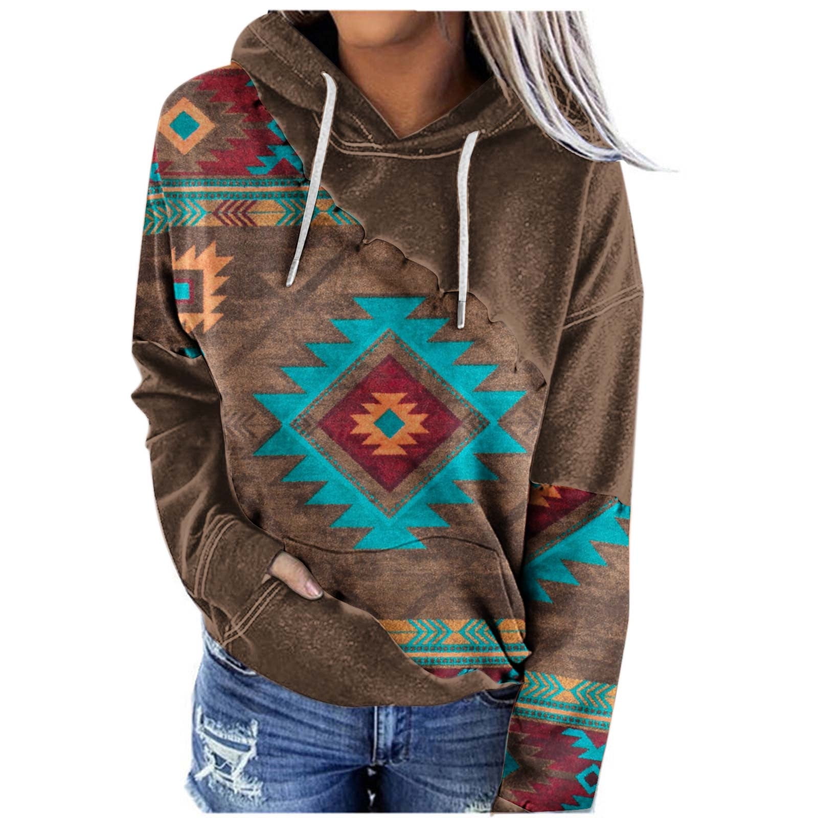Feancey Women s Vintage Cowgirl Hoodies Western Aztec Pullover Sweatshirts Ethnic Style Rhombus Print Long Sleeve Drawstring Hooded Sweatshirt Black and Friday Deals Coffee S Walmart