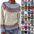 thumbnail image 1 of Feancey Women's Vintage Fair Isle Pullover Sweater Knitted Long Sleeve Crewneck Sweaters Cozy Casual Plus Size Sweater Tops Navy M, 1 of 5