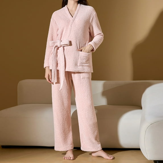 Feancey Women's Warm Pajamas Sets Winter Fleece Lace-up Cardigans and Long Pants 2 Piece Outfit Comfy Flannel Thermal Loungewear Pjs Set for Women Pink M
