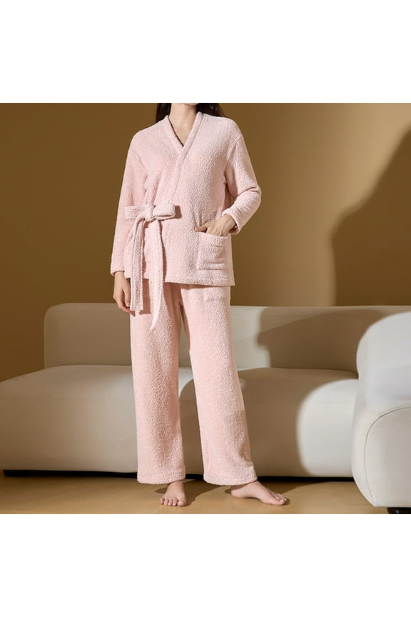 Women's Warm Pajamas Sets Winter Fleece Lace-up Cardigans and Long Pants 2 Piece Outfit Comfy Flannel Thermal Loungewear Pjs Set for Women Pink XL