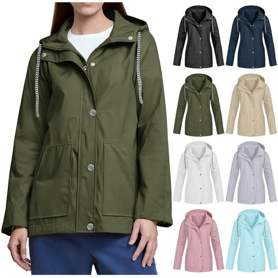 Feancey Women's Waterproof Rain Jackets Drawstring Hooded Hiking Raincoat Outdoor Lightweight Windbreaker Jacket Travel Rain Coats with Pockets Khaki XL