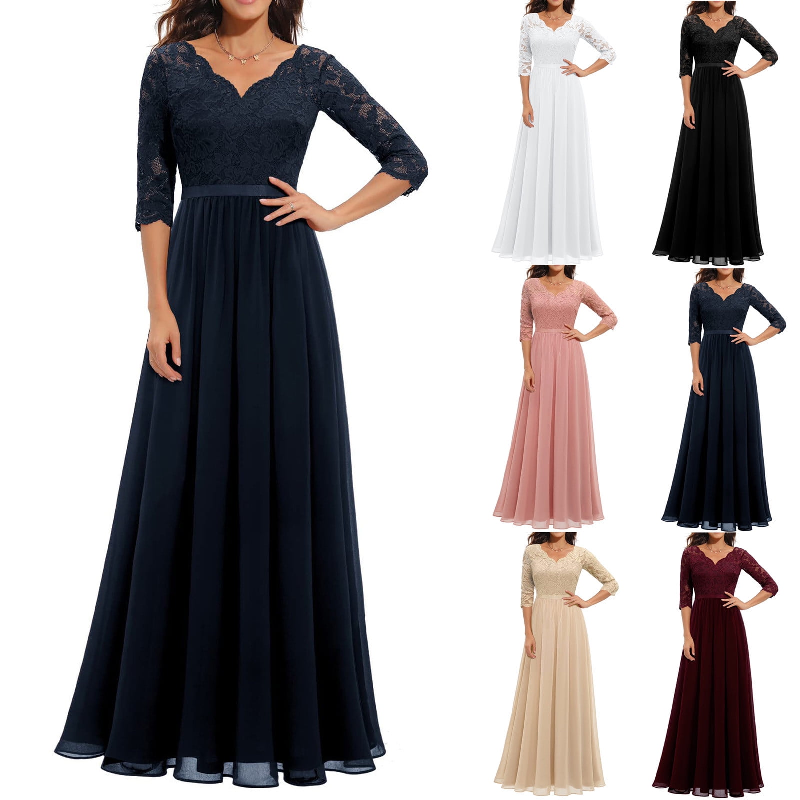 Feancey Women's Wedding Guest Dresses Fall Trendy Lace 3/4 Sleeve V