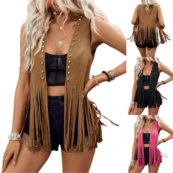 Feancey Women's Western Fringe Vest Faux Suede Sleeveless Open Front Cardigans Cowgirl Casual Tassel Cardigan Vest Vintage Hippie Jacket Coffee S