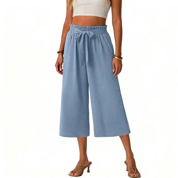 Feancey Women's Wide Leg Capris Summer Casual Palazzo Cropped Pants Comfort Drawstring Waist Dress Capri Trousers with Pockets for Work Light Blue M
