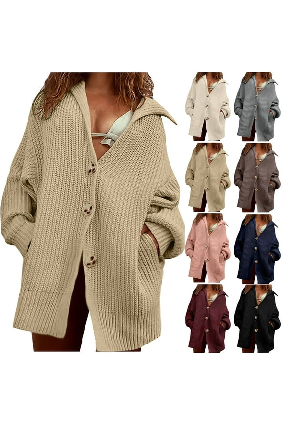 Women's Winter Cardigan Sweater Knitted Hollow Out Button Cardigans Loose Fit Casual Lapel Cable Knit Sweaters for Women Back to College Sale Black M