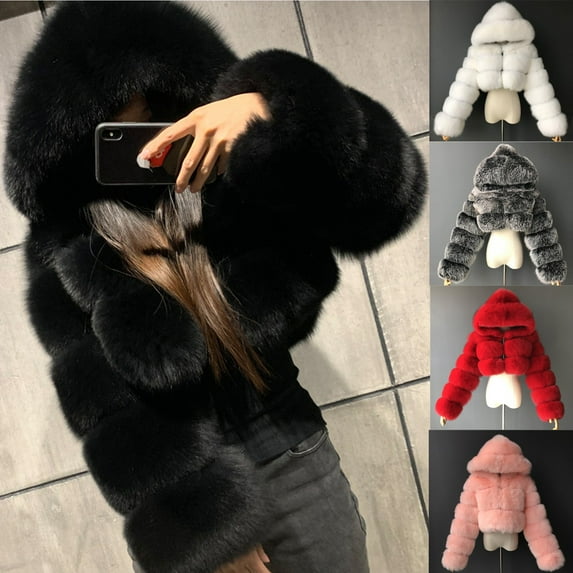 Feancey Women's Winter Coats Faux Fur Hooded Jackets Long Sleeve Casual Cropped Coat Comfy Soft Furry Overcoat Hot Pink 4XL