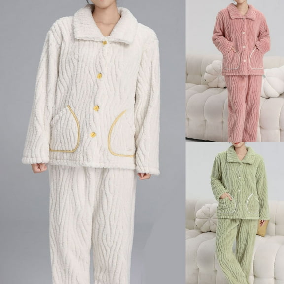 Feancey Women's Winter Pajama Sets Comfy Fleece Thick Sleepwear Casual Button Down Shirts and Wide Leg Pant Lounge Pjs Set Homewear with Pockets Deal of The Day Pink M