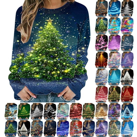 Feancey Women's Xmas Tree Sweatshirt Novelty Graphic Christmas Sweatshirts Loose Round Neck Long Sleeve Holiday Pullover Top Ladies Gifts Shirt White S