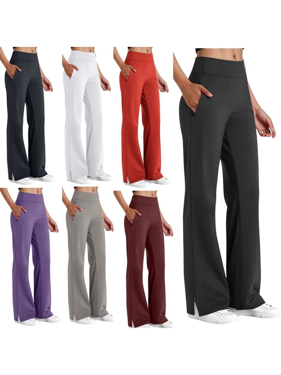 Women's Yoga Pants with Pockets Split Hem Casual Mini Flare Pants Elastic High Waisted Workout Pants Solid Lightweight Pull On Trousers Navy 3XL