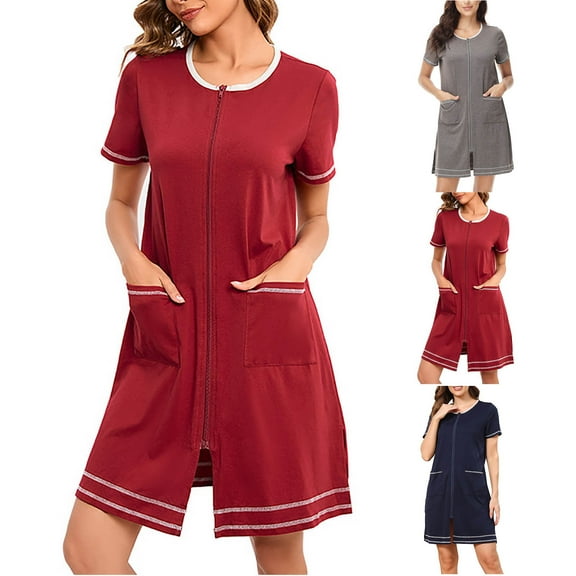 Feancey Women's Zip Front Robes Short Sleeve Split Hem Nightgowns Knee Length Casual Sleepwear Robe Solid Color Loose Bathrobe with Pockets Dark Gray XL