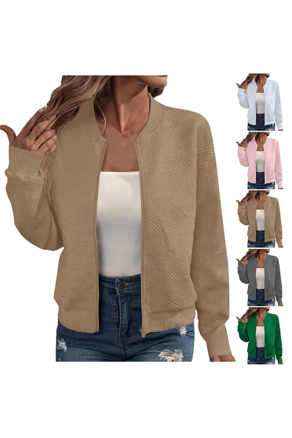 Women's Zip Up Cropped Jacket Loose Fit Casual Bomber Jackets Lightweight Textured Baseball Jacket Fall Thin Outerwear Khaki S