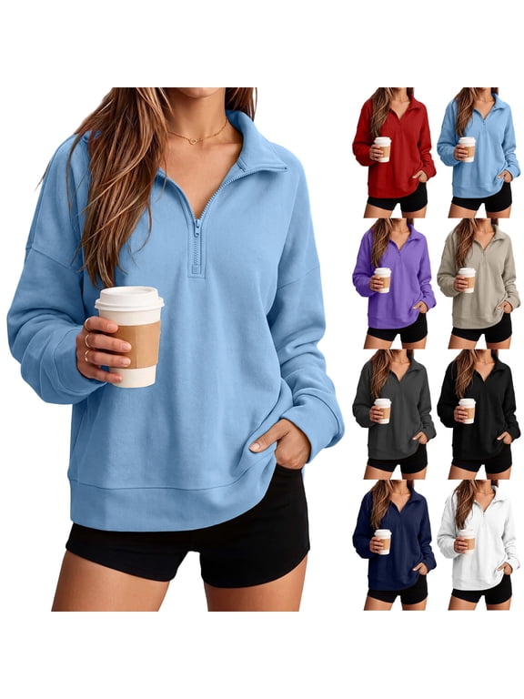 Womens 1/4 Zip Pullover Sweatshirt Thin Fleece Lined Oversized Sweatshirts Comfy Long Sleeve Lapel Collar Tops for Outing Streetwear L