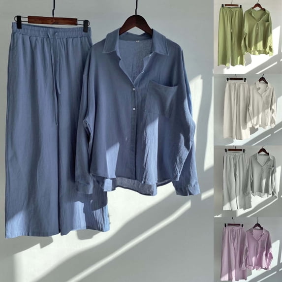 Feancey Womens 2 Piece Cotton Linen Sets Plus Size Lounge Set Long Sleeve Button Down Shirts Wide Leg Pants Two Piece Fall Outfits Pink XXL